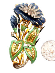 Vintage Enameled Figural Flower Brooch, Pave Rhinestone Inset Center & Stem