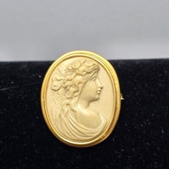 Cameo Brooch Pin 10kt Gold Inset Hand Carved Lava Stone Antique OOAK Design
