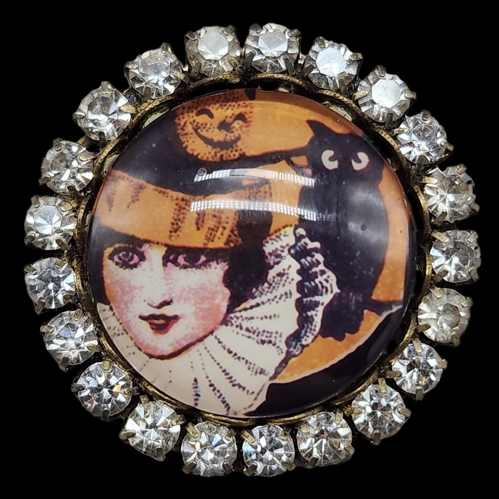 Vtg Witch Halloween Brooch Black Owl Kitschy Rhinestone Pin 20s Art Deco Look
