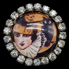 Vtg Witch Halloween Brooch Black Owl Kitschy Rhinestone Pin 20s Art Deco Look