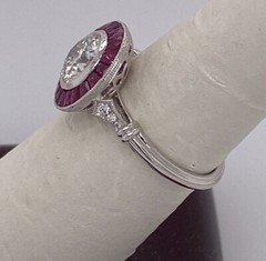 Bezel Set Old European Cut & Pink Baguette Engagement Ring, Edwardian Halo Ring