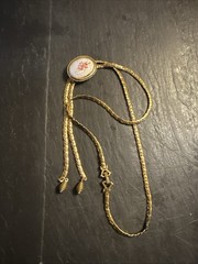 Vintage Goldette NY Guilloche Pink Roses Slide Lariat Necklace gold tone chain