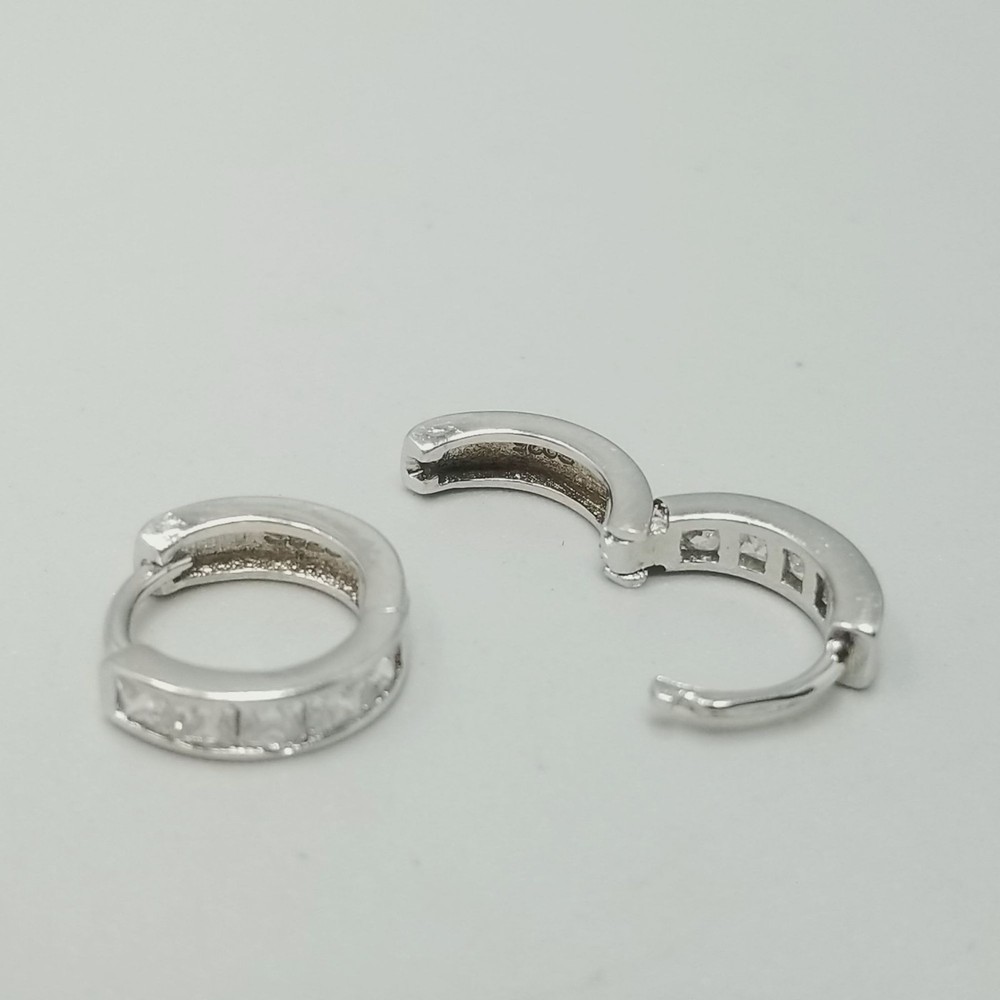 Vintage Sterling Silver Huggie Hoop Earrings Rhinestone Inset Hinged 1/2 Inch