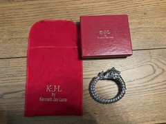 Vintage QVC Kenneth Jay Lane Silver Toned Enamel Elephant Clamper Bracelet- Rare