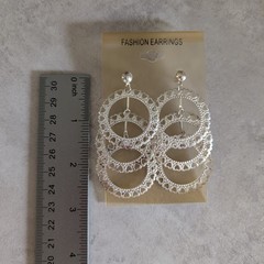 Vintage Silver Toned 3 Ring Dangle Chandelier Costume Earrings Heart Filigree