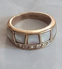 Vintage 18K Rolled Gold Plate Ring Wt 7.4 Grams Mop Inlay / Rhinestone Size 8
