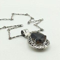 Vintage Sterling Silver 925 Smoky Quartz Large Pendant Necklace 24″