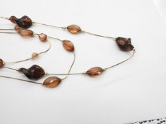Triple Gold Tone Metal Chain Brown Glass Acrylic Beaded Necklace Vintage