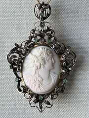 Victorian Portuguese 19k Gold Sterling Silver Emerald Coral Cameo Bacchante Broo