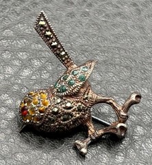 Vintage Sterling Silver 925 Bird Brooch Pin Marcasite Green Red Yellow Crystal