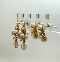 2 Pairs of Vintage Faux Pearl Earrings Cluster Drop Pink Glass Bead Gold Tone