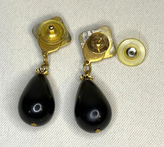 Vintage 80s Brushed Gold Jet Black Teardrop Dangle Stud Earrings Geometric 1.75”