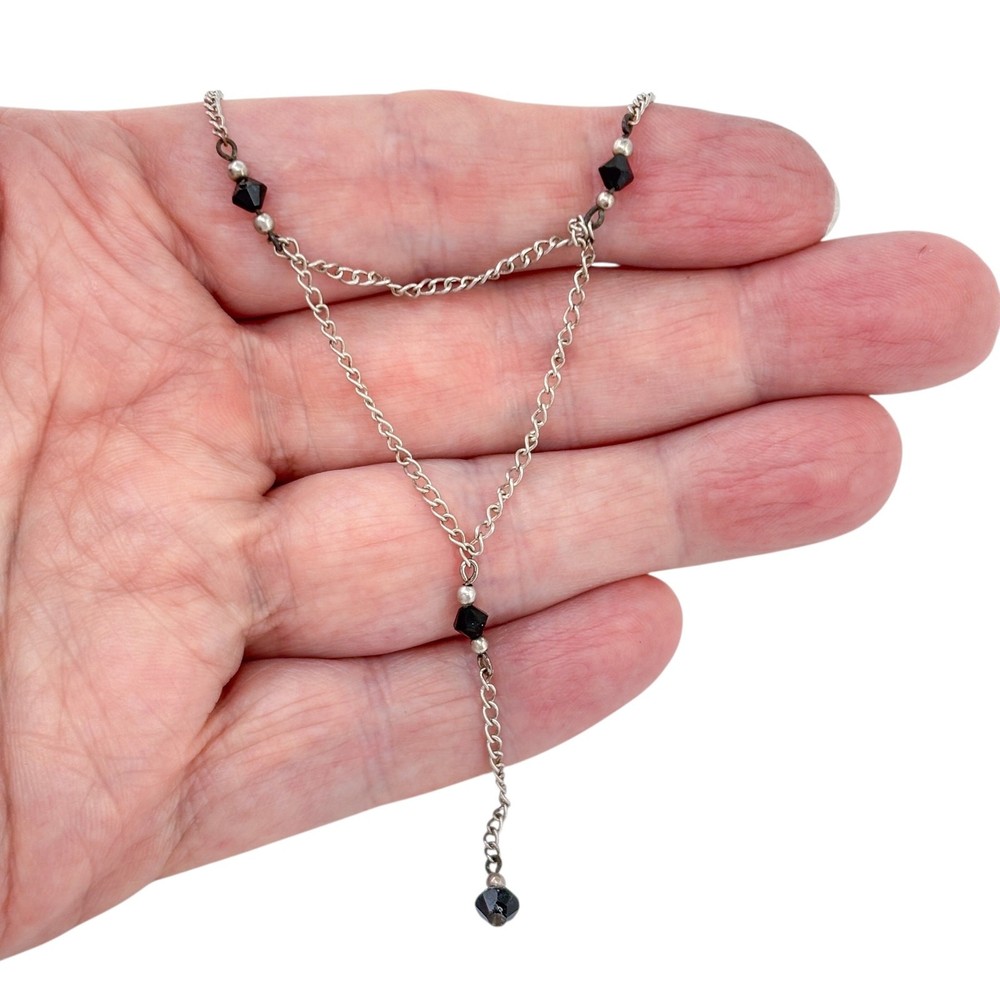 Black Crystal Y Drop Necklace | Vintage Sterling Silver 925 | 14.5″