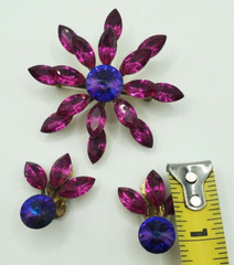 Vintage Glass Flower Star Two Levels Pink Pin Brooch Gold Tone Clip Earrings