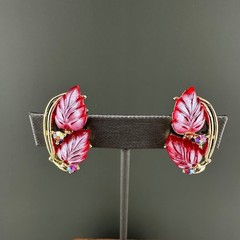 Vintage Rhinestone Flower Earrings Magenta Pink AB Crystal Leaf Climber Signed