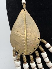 Tribal Bib Necklace White Bone Look Beads Brass Multi Strand Boho Ethnic Vintage