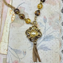 Custom OOAK Vintage 1980s Rope Chain with Amber & Faux Pearl & Tassel Pendant