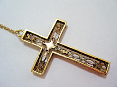 Vintage 60s Solid 14K Yellow & White 14k Gold Filigree Cross Pendant & Chain