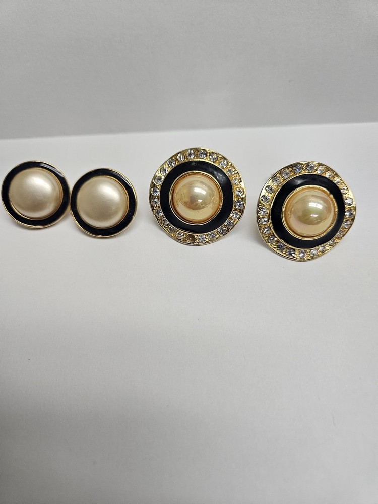 2 Pair VTG Earrings Carol Lee Pierced And Gold-tone Clip On Black Enamel,Faux P.