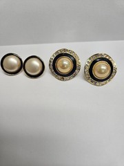 2 Pair VTG Earrings Carol Lee Pierced And Gold-tone Clip On Black Enamel,Faux P.