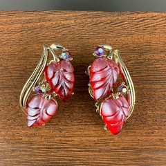 Vintage Rhinestone Flower Earrings Magenta Pink AB Crystal Leaf Climber Signed