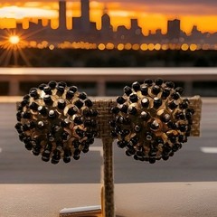Vintage Handmade Studded Pins Beads Sequins Black/GoldOrnate Clip-On EarringsK49