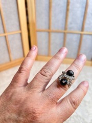 Vintage Silver Tone Adjustable Ring Clear Crystals Black Faceted Round Beads 7″