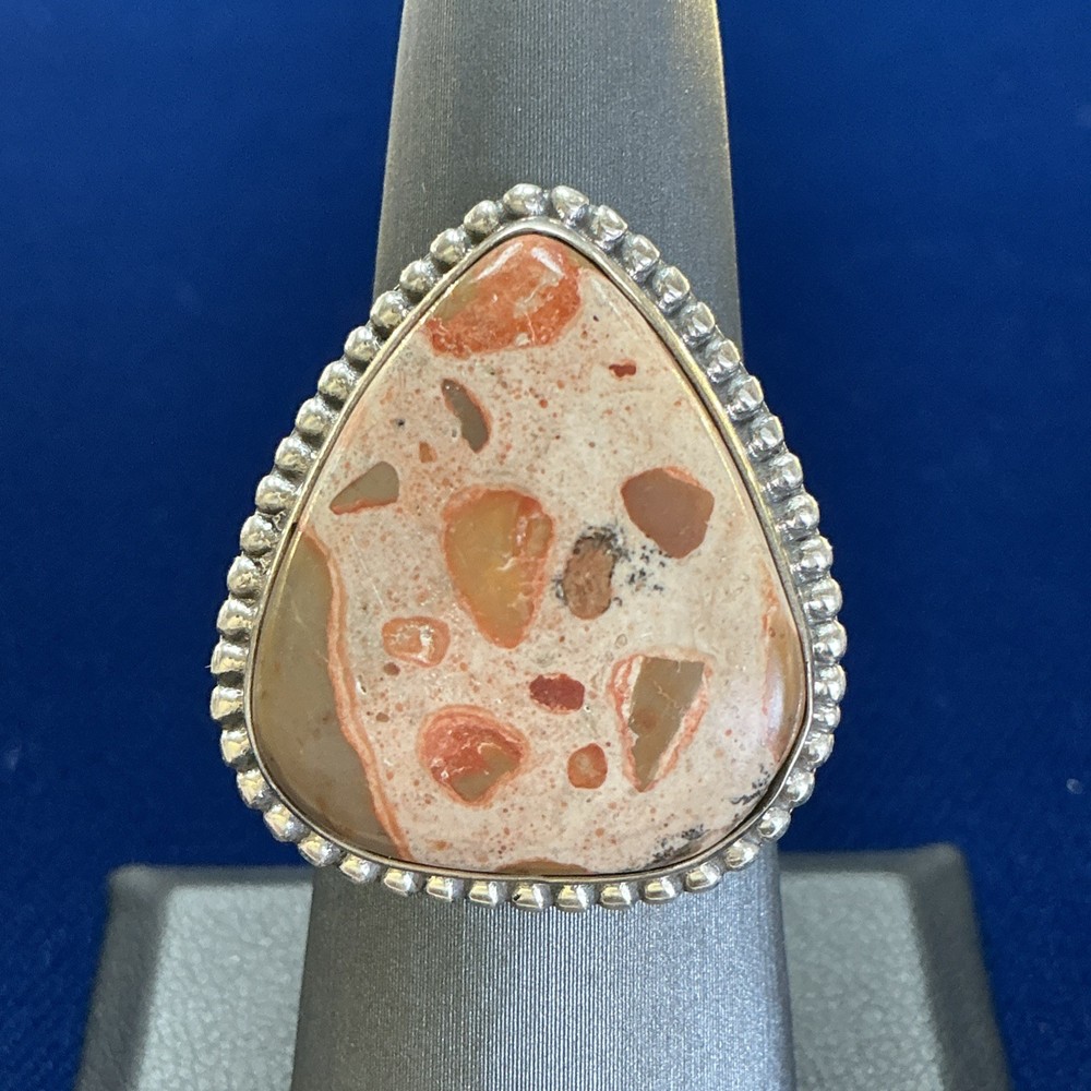 925 Leopard Skin Jasper Ring Size 8 Sterling Silver Sz Teardrop Cabochon