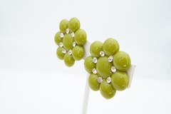 Vintage Clip On Earrings Silver Tone Rhinestone Green Flower