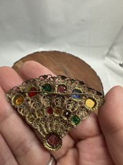 Vintage Czech Multi Color Stones Rhinestones Filigree Fan