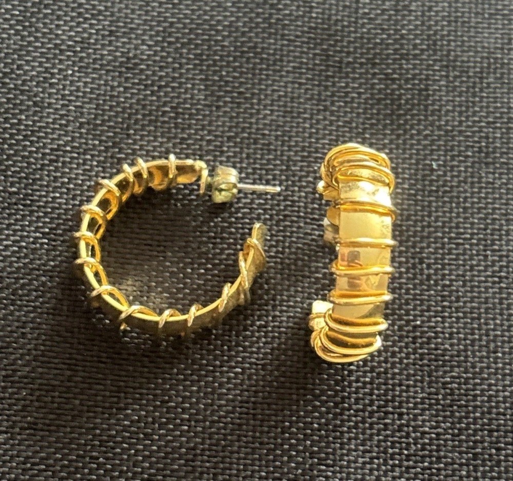 Vtg Gold Tone Hoop Earrings Wire Wrapped Pierced 1” Chunky Statement