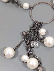Gray Metallic White Faux Pearl Charm Chain Tassel Beaded Necklace 21 in