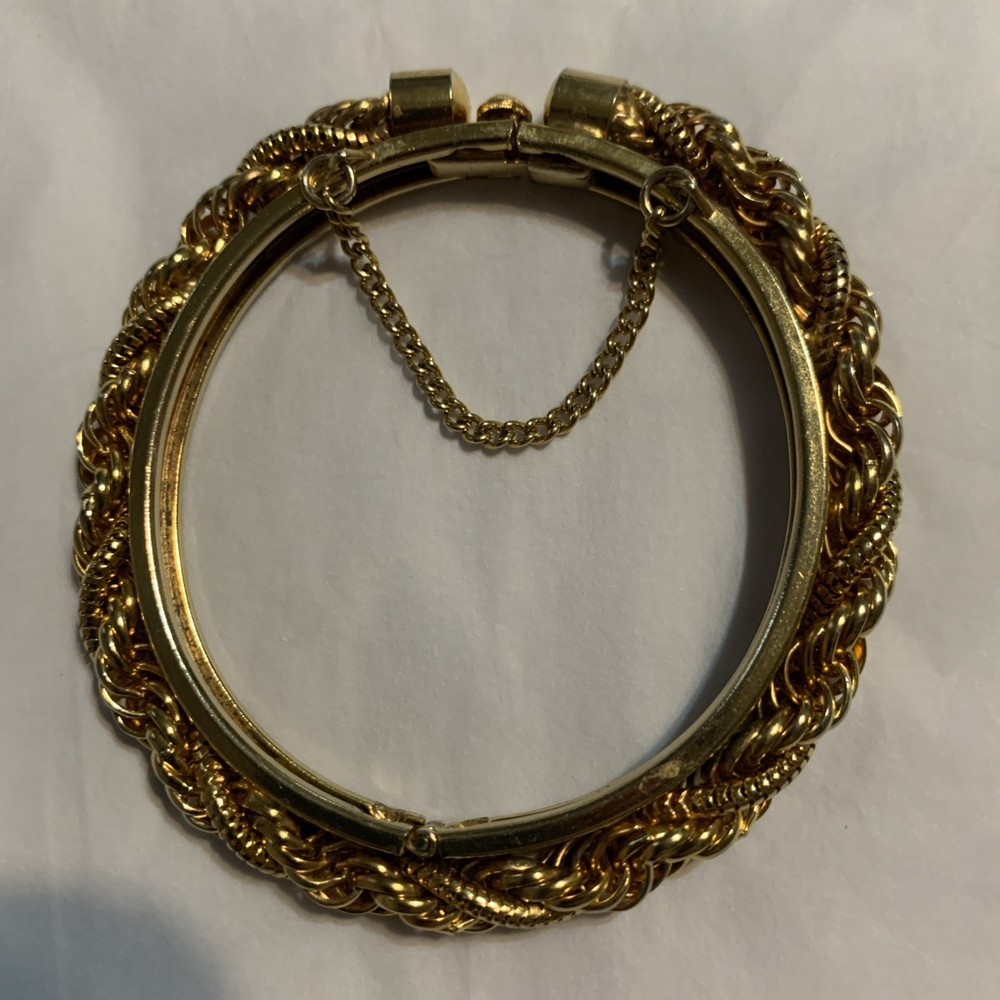 Vintage Rare Braided Rope Hinged Bangle gold tone Bracelet W/Safety Chain
