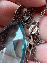 VINTAGE JAPAN MOUNT FUJI AQUAMARINE COLOR ETCHED CRYSTAL GLASS STERLING NECKLACE