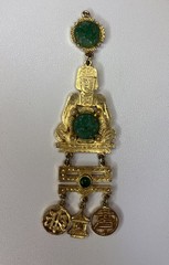 Vintage Chinese-Inspired Faux Jade Gilt Metal Pendant w/Dangles- Costume Jewelry