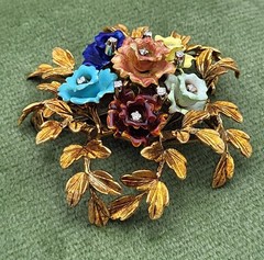 Vintage Italy 18K Gold Colorful Flower & Diamond Brooch KG Old Italian Jewelry