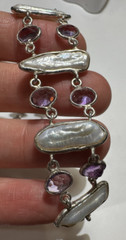 Lavender Amethyst Stone 6″ -7″ White Pearl Beads Silver Vintage 14.3g Bracelet