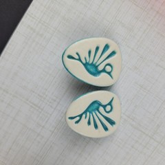 Vintage MCM Blue Cream Ceramic Bird Thunderbird Earrings Clip On