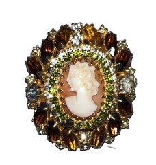 Rare VTG Hobe Rhinestone Cameo Brooch Pin, Clip Earring 3pc Set Parure W/ BEZELS