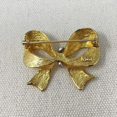 Gold-Tone Bow Brooch With Rhinestone Accents Marked