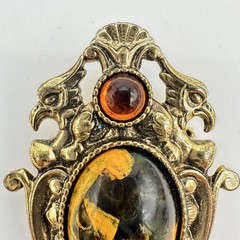 Vintage Baroque Pin Brooch Gold Tone Faux Pietersite Art Glass Cab Estate