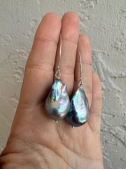 Black Baroque Pearl Earrings, Iridescent Peacock Color, Sterling Silver