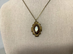 VTG/Antique brass?Czech? Garnet rhinestones Opalite glass pendant necklace 18″