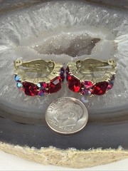 Vintage signed Lisner Red AB Rhinestone Clip On Earrings gold tone