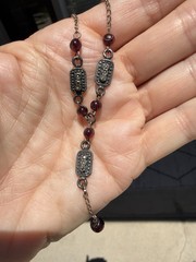Vintage KC 925 Sterling Silver Garnet Marcasite Y Drop Lavalier Necklace