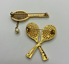 Vintage Tennis Brooch Pin Lot Avon Sports Racket Faux Pearl Gold Silver Tone 3