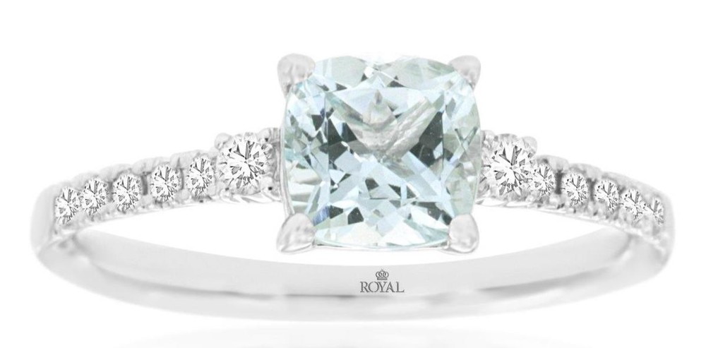 .99CT DIAMOND & AAA AQUAMARINE 14K WHITE GOLD 3D CUSHION & ROUND ENGAGEMENT RING