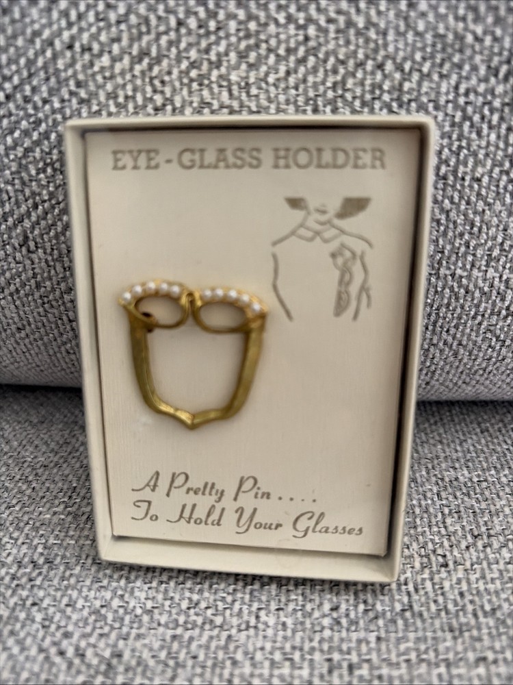 Vintage Gold Tone Cat Eye Glasses Brooch Pin with Faux Pearls Eyeglass Holder