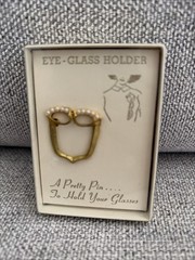 Vintage Gold Tone Cat Eye Glasses Brooch Pin with Faux Pearls Eyeglass Holder