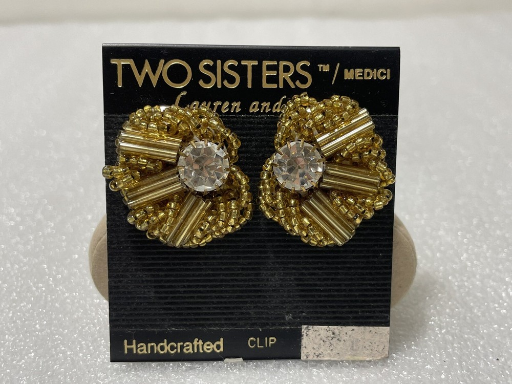 Vintage Two Sisters Handcrafted Gold Tone Art Deco Clip On Earrings ~ Medici